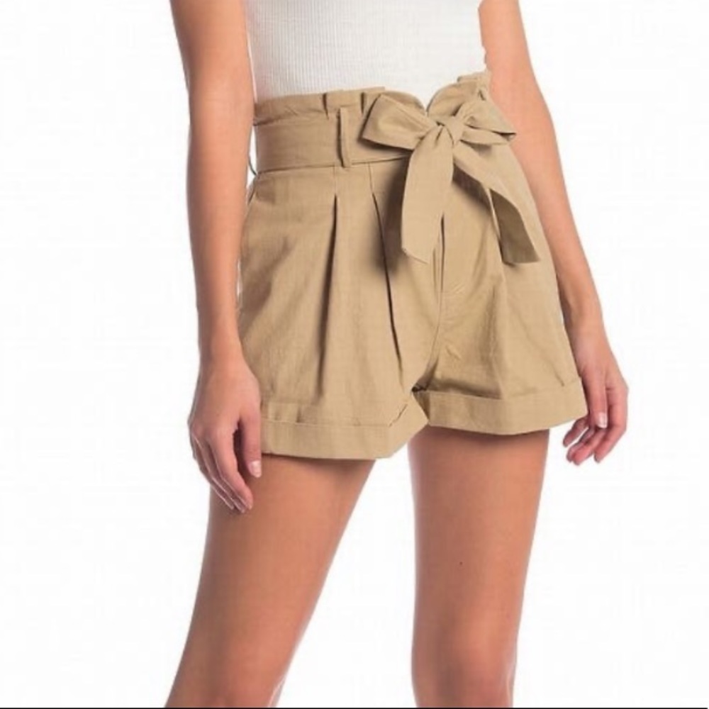 Khaki paper bag tie high waist shorts zip up